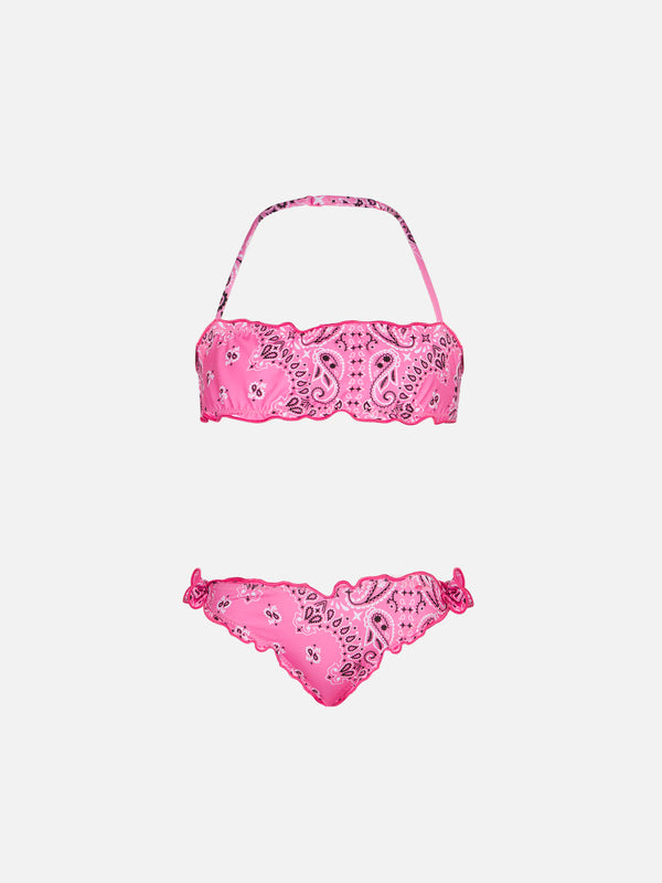 Bikini da bambina a fascia con stampa bandana rosa