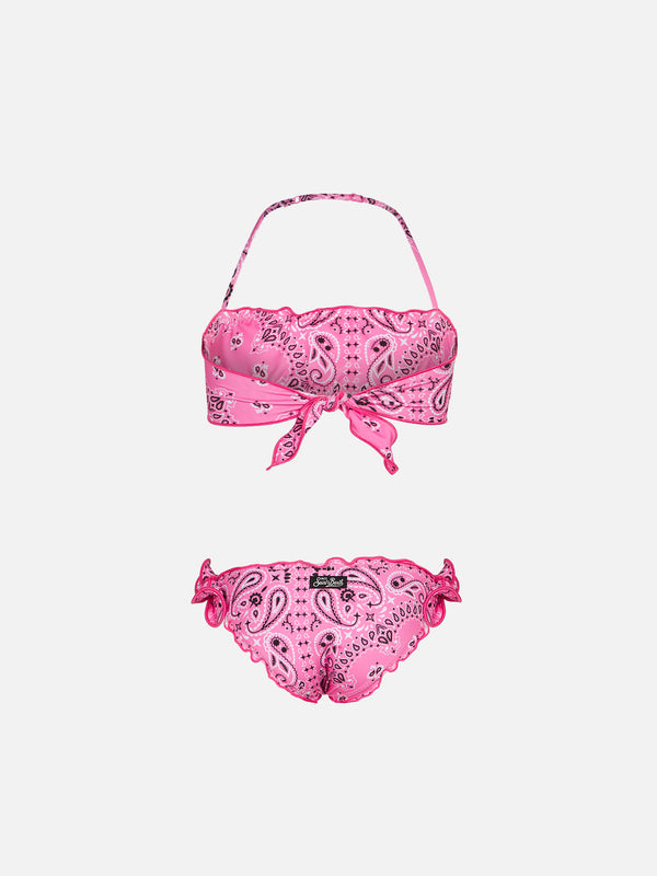 Bikini da bambina a fascia con stampa bandana rosa