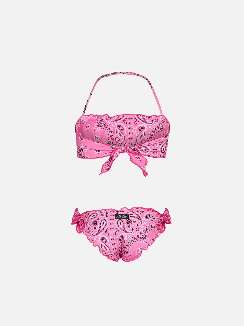 Bikini da bambina a fascia con stampa bandana rosa