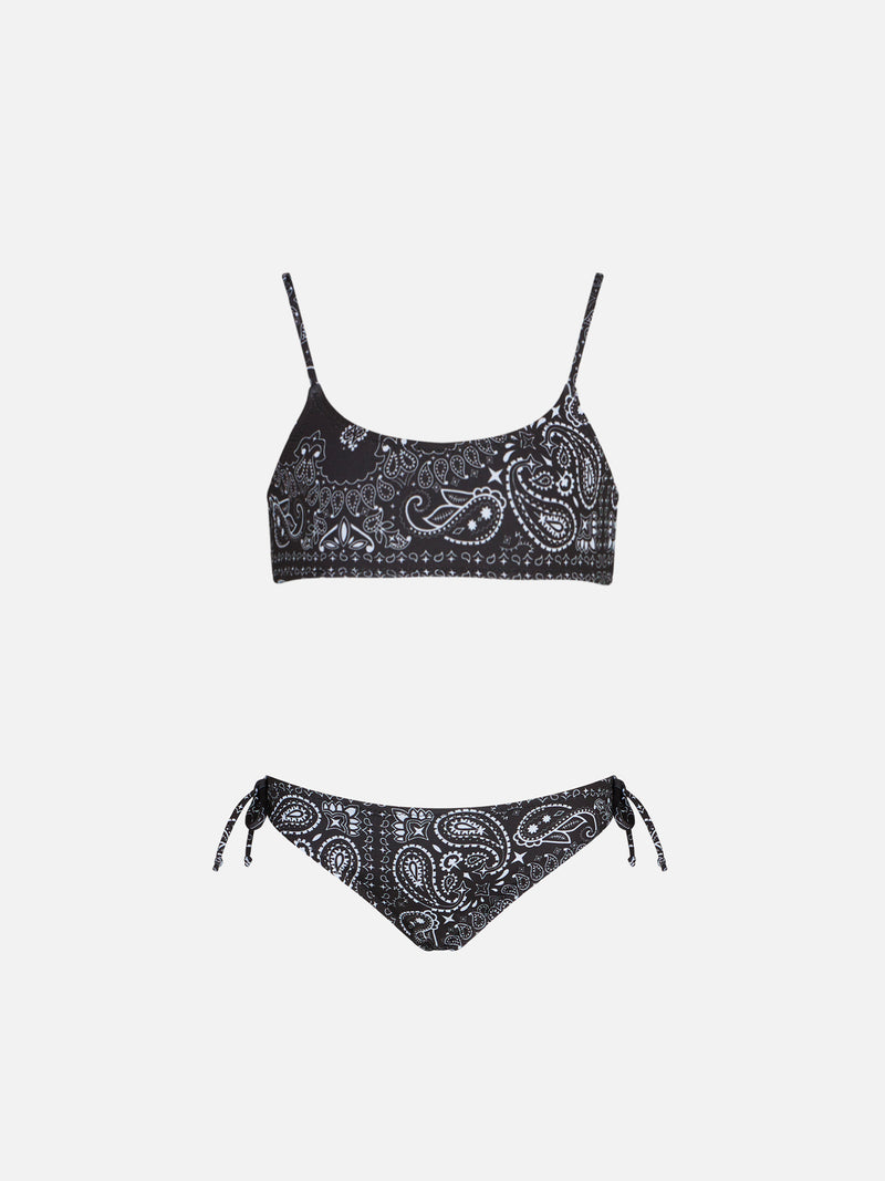 Bikini da bambina a bralette nero con stampa bandana