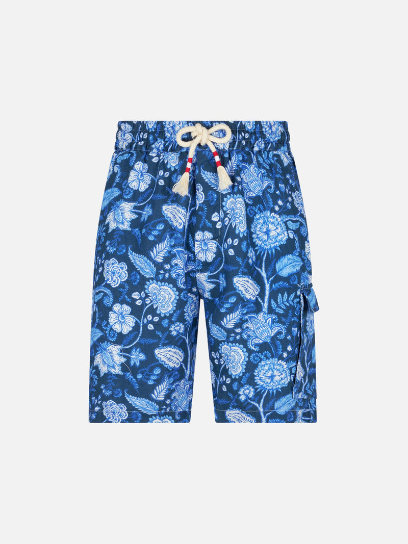 Blaue Herren-Bermudashorts aus Leinen mit Blumendruck