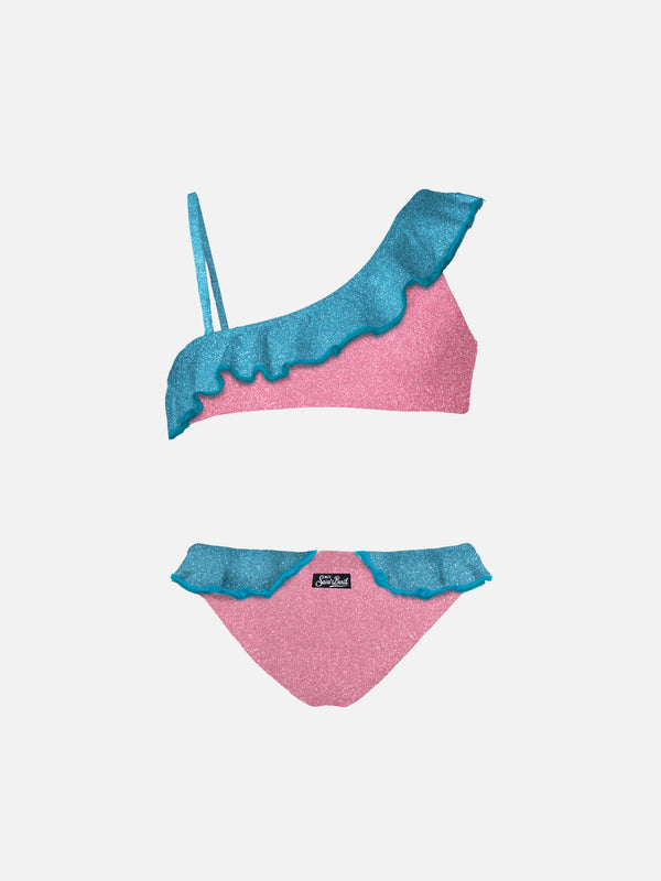 Bikini da bambina monospalla in lurex con balze