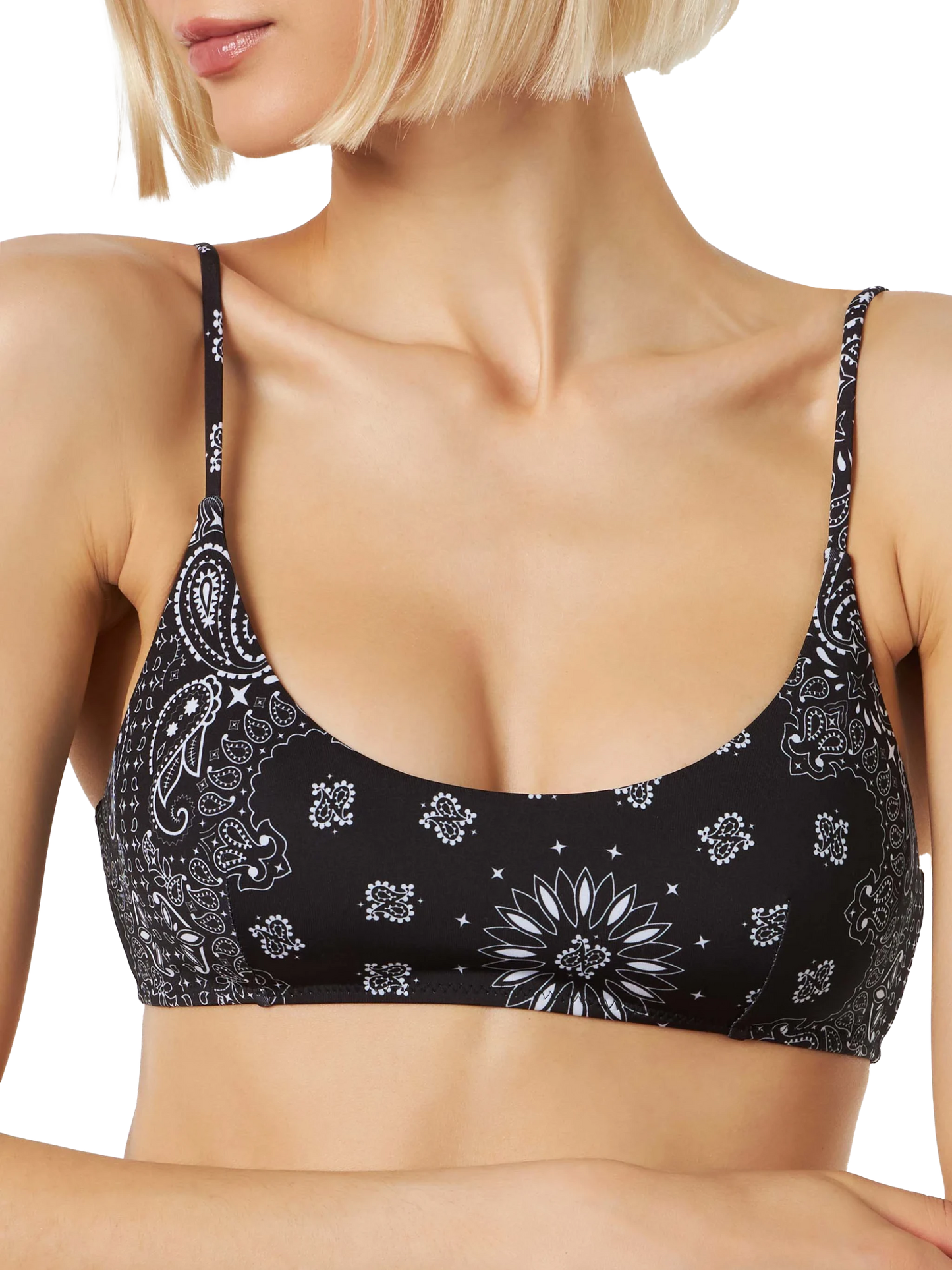 Woman black bralette swimsuit with bandanna pattern