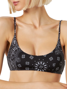 Woman black bralette swimsuit with bandanna pattern