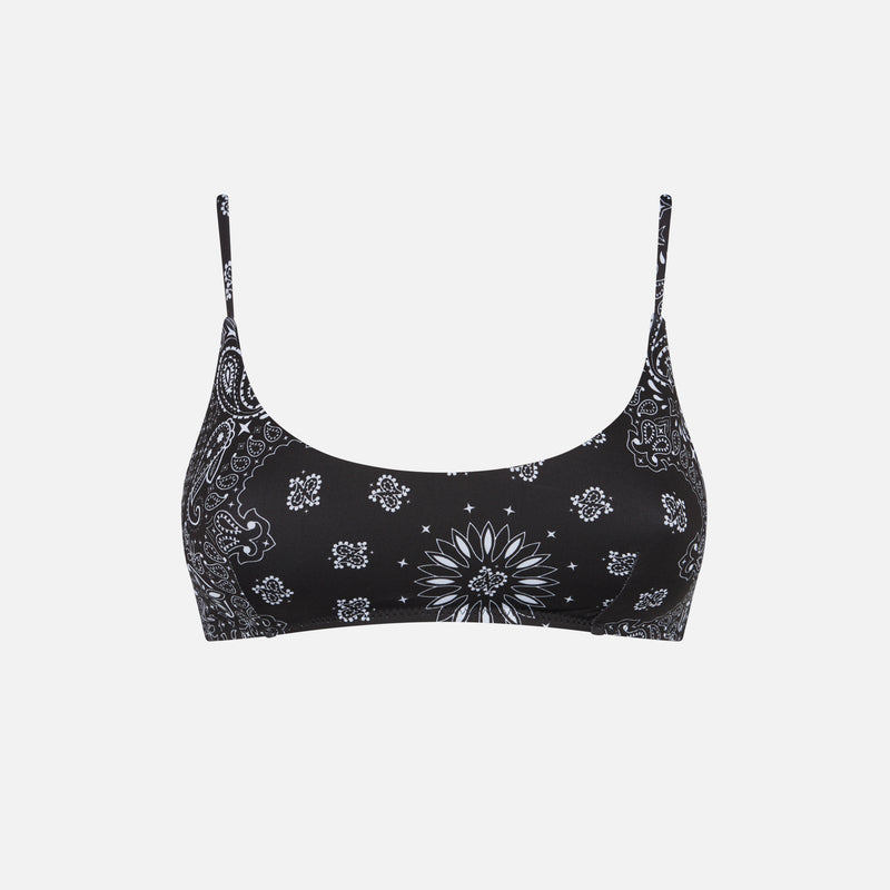 Woman black bralette swimsuit with bandanna pattern