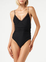 Black one piece swimsuit with tulle