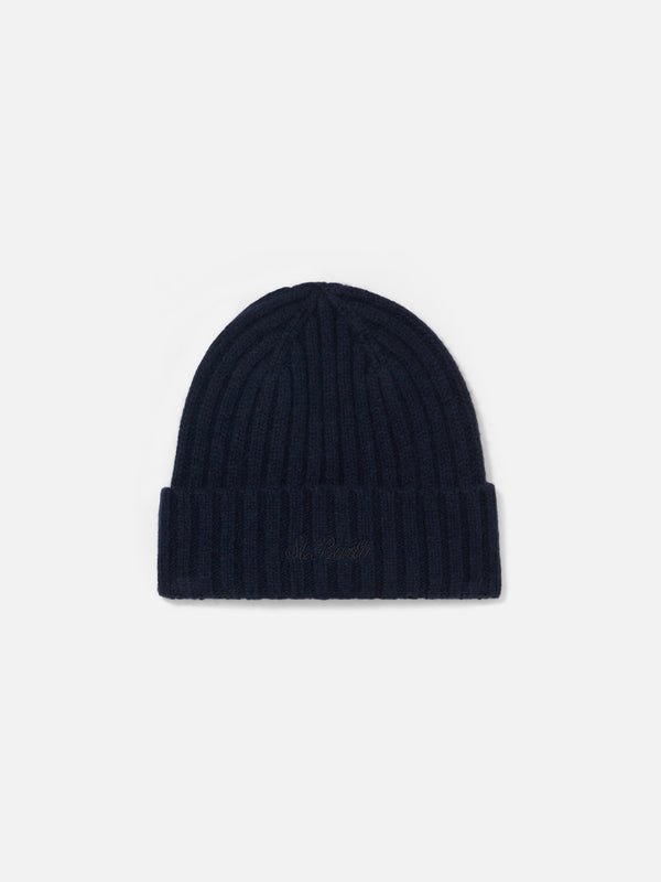 Man navy blue cashmere blend hat with St. Barth embroidery