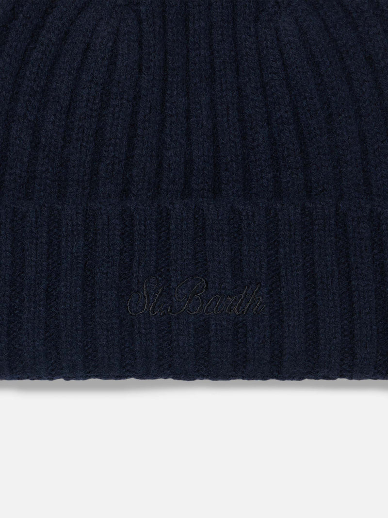 Man navy blue cashmere blend hat with St. Barth embroidery