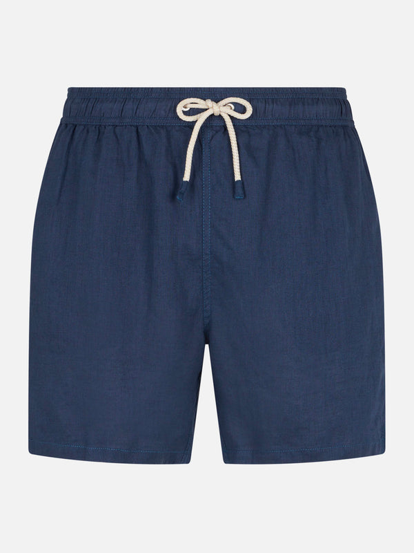 Man navy blue linen swim shorts