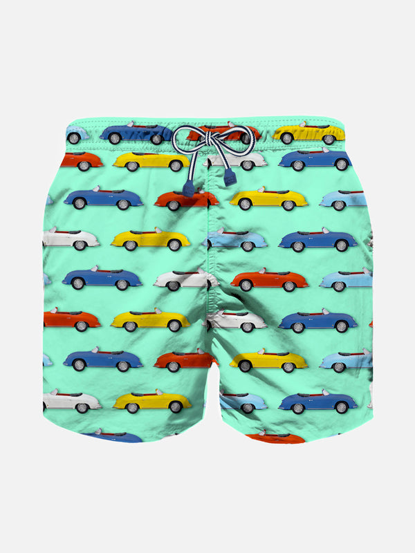 Boy light fabric swim shorts with multicolor car print