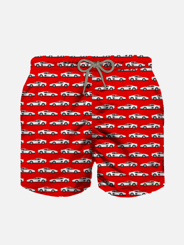 Sporty car print light fabric boy swim shorts