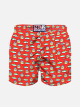 Hellrote Badeshorts für Jungen mit Micro-Thunfisch-Box-Print