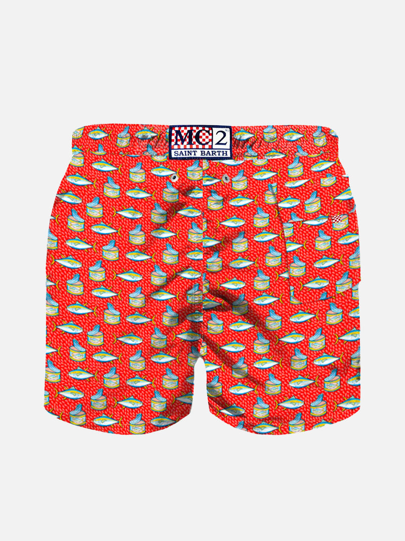 Hellrote Badeshorts für Jungen mit Micro-Thunfisch-Box-Print