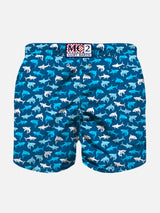 Boy light fabric swim shorts with multicolor sharks print