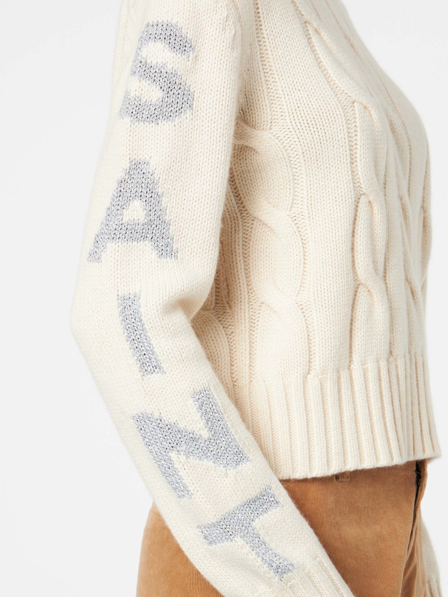 Geflochtener Damenpullover mit Rundhalsausschnitt und Saint-Barth-Lurex-Print