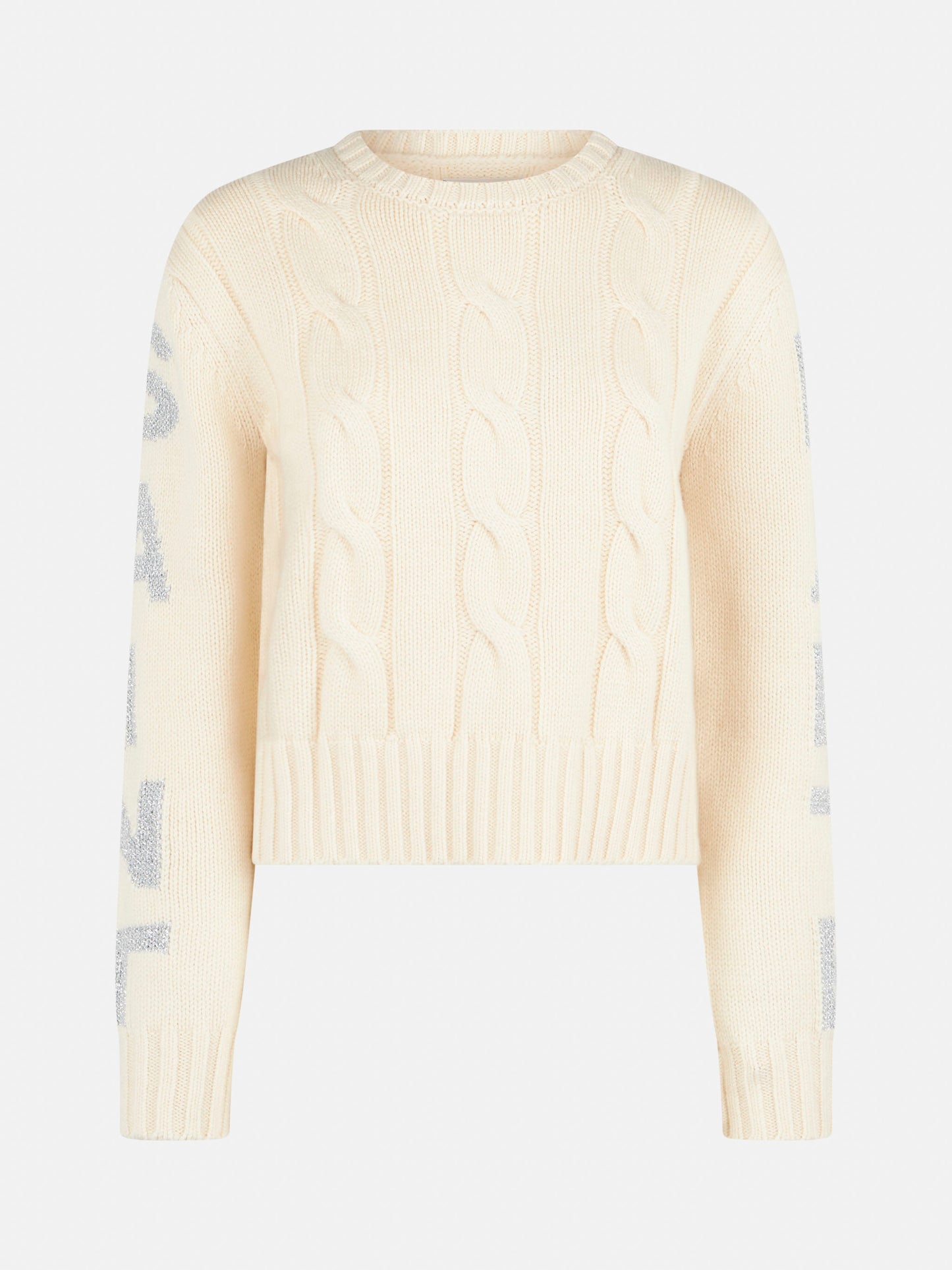 Geflochtener Damenpullover mit Rundhalsausschnitt und Saint-Barth-Lurex-Print