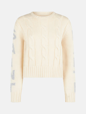 Geflochtener Damenpullover mit Rundhalsausschnitt und Saint-Barth-Lurex-Print