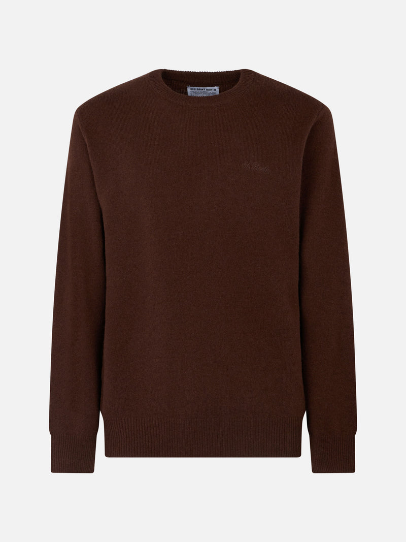 Man crewneck brown lambswool sweater with St. Barth embroidery