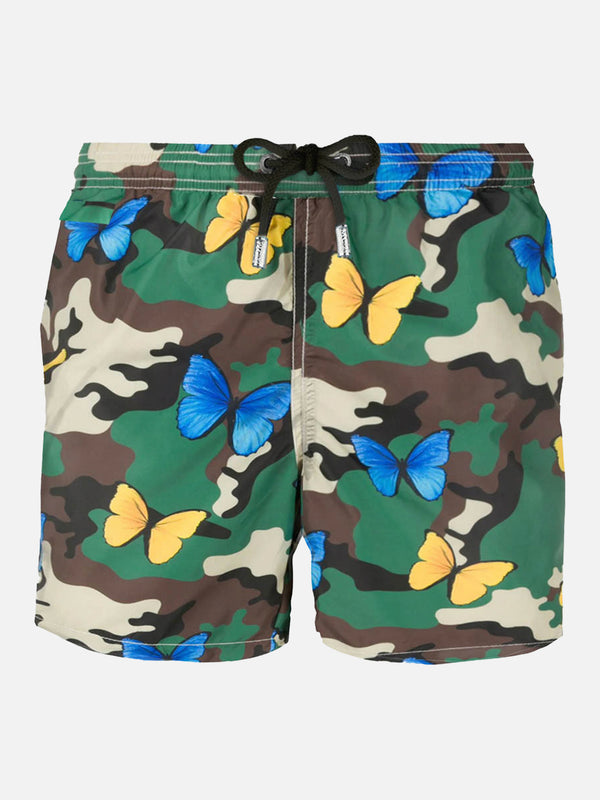 Light fabric man swim shorts butterfly and camouflage print