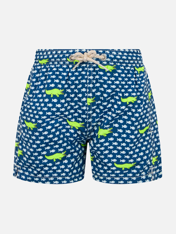 Boy lightweight fabric swim-shorts Jean Lighting with crocodile print