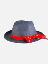 Blue jeans paper hat with bandanna print bandeau