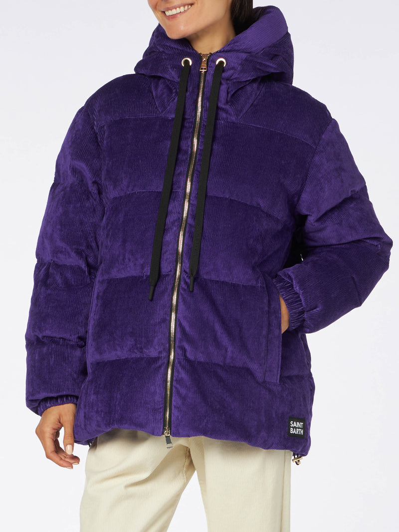 Woman purple corduroy down padded jacket with hoodie