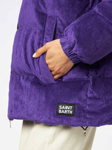 Woman purple corduroy down padded jacket with hoodie