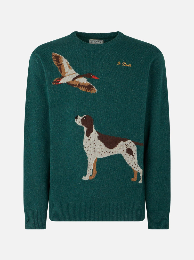 Man crewneck donegal sweater with country dog jacquard print