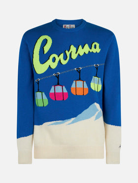 Man crewneck sweater with Courma cable postacard jacquard