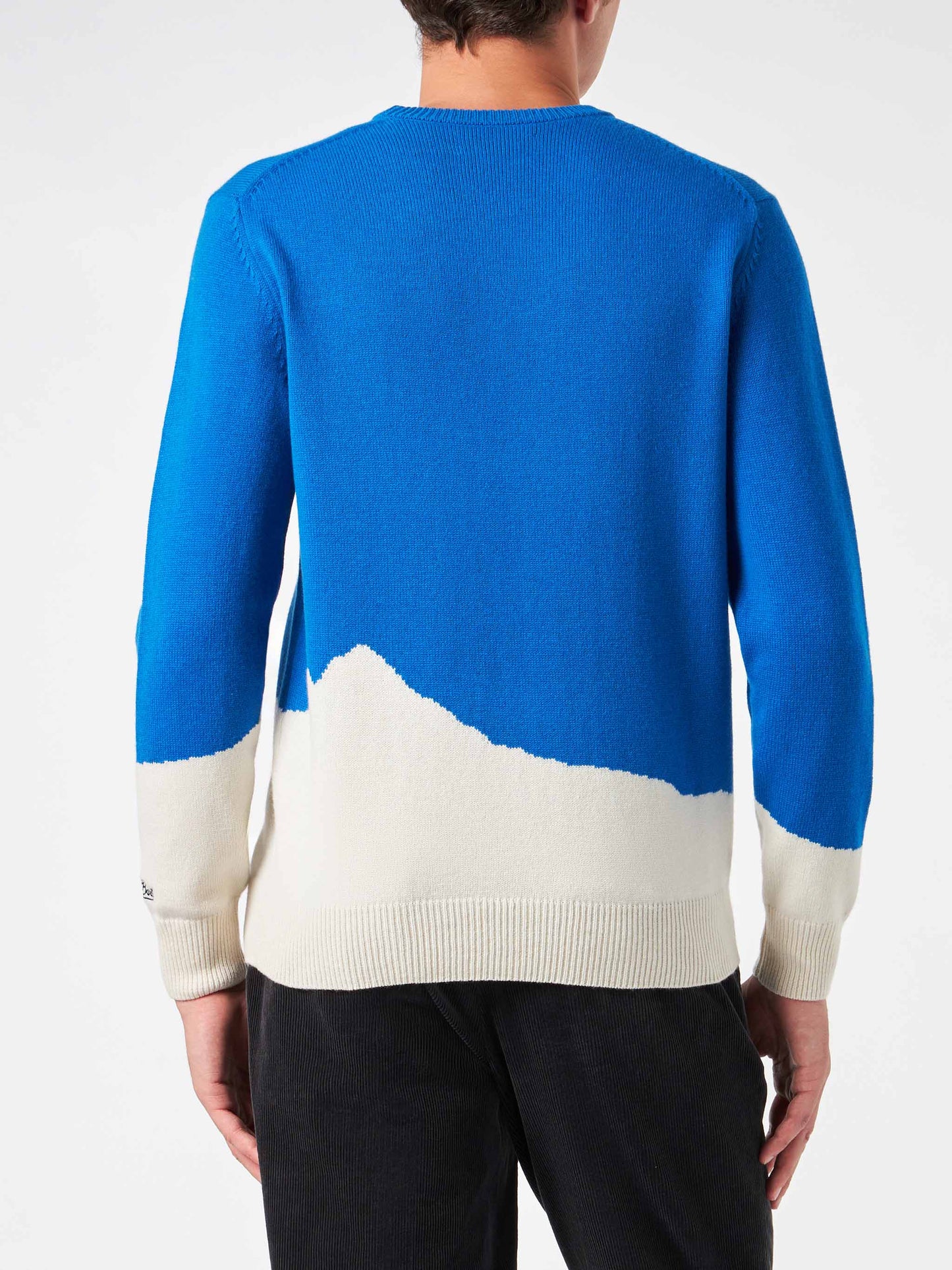 Man crewneck sweater with Courma cable postacard jacquard