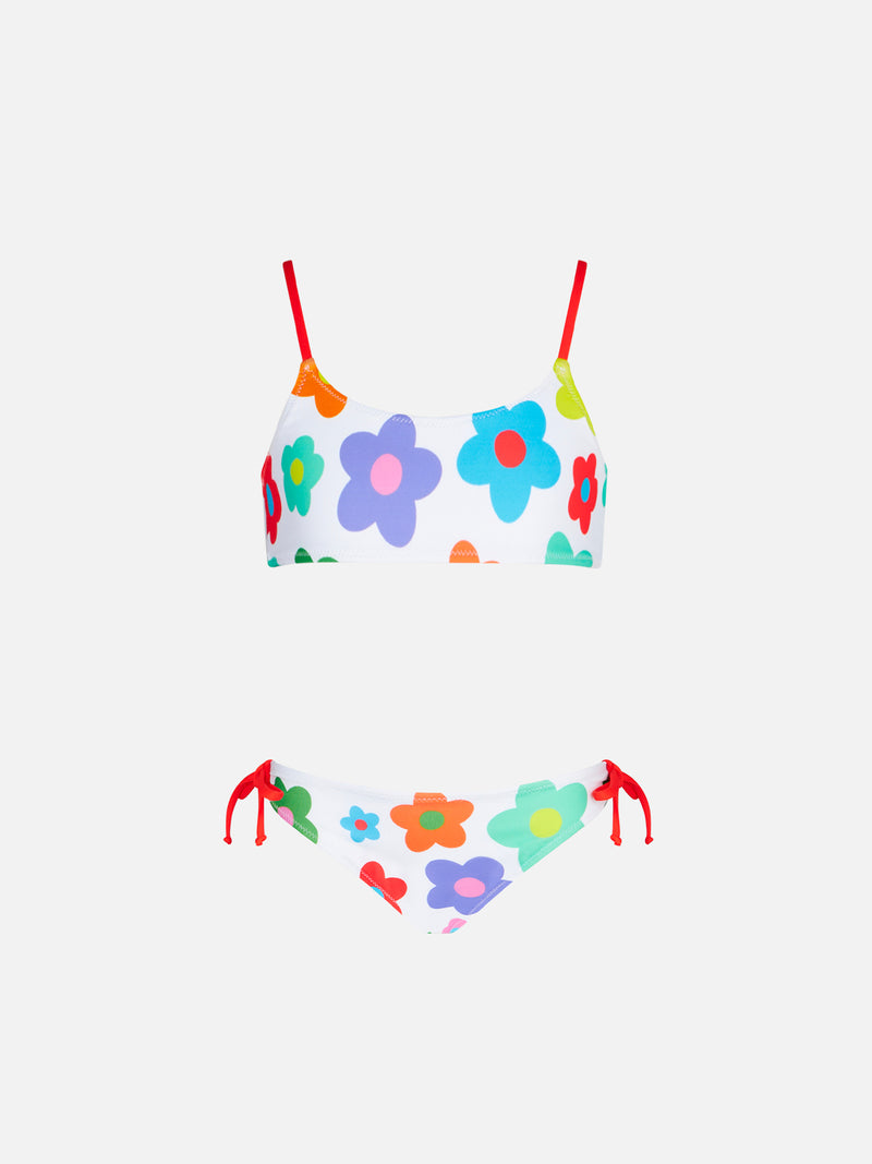 Bikini da bambina a bralette con stampa margherite multicolore