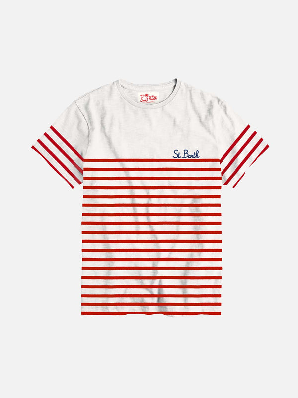 T-shirt in cotone ricamato a righe rosse