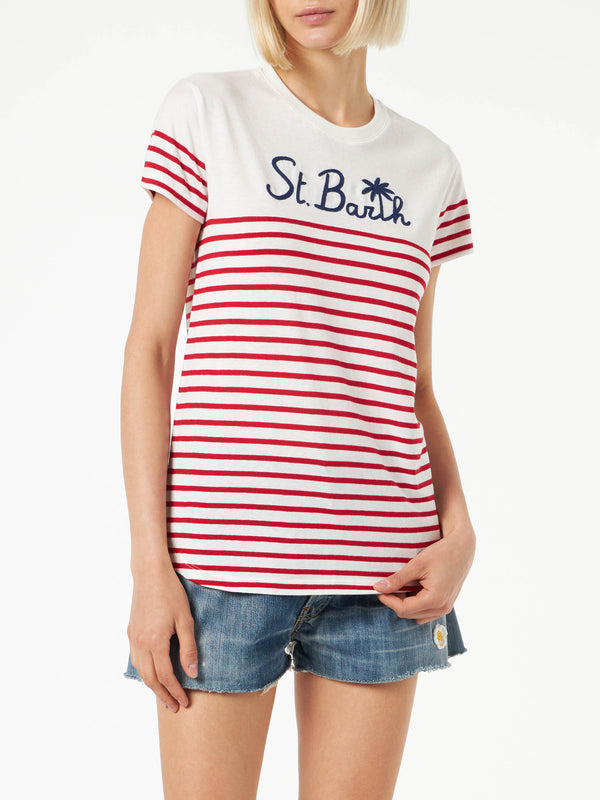 T-shirt in cotone a righe rosse con ricamo St. Barth