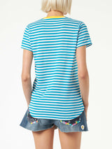 T-shirt in cotone bluette con ricamo Where is St. Barth? 