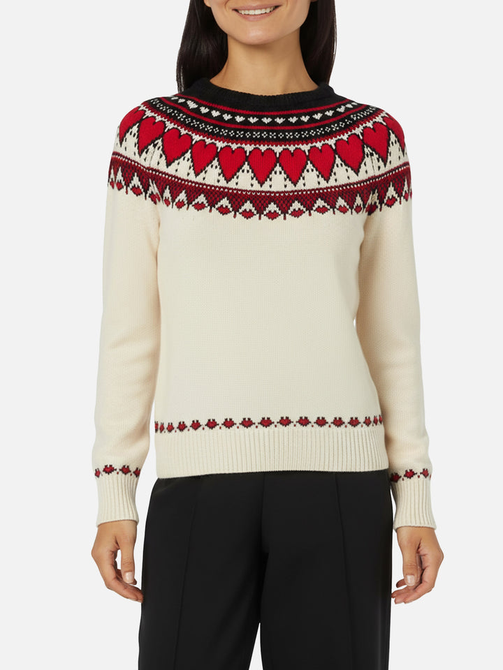 Woman white sweater New Queen fair isle hearts print