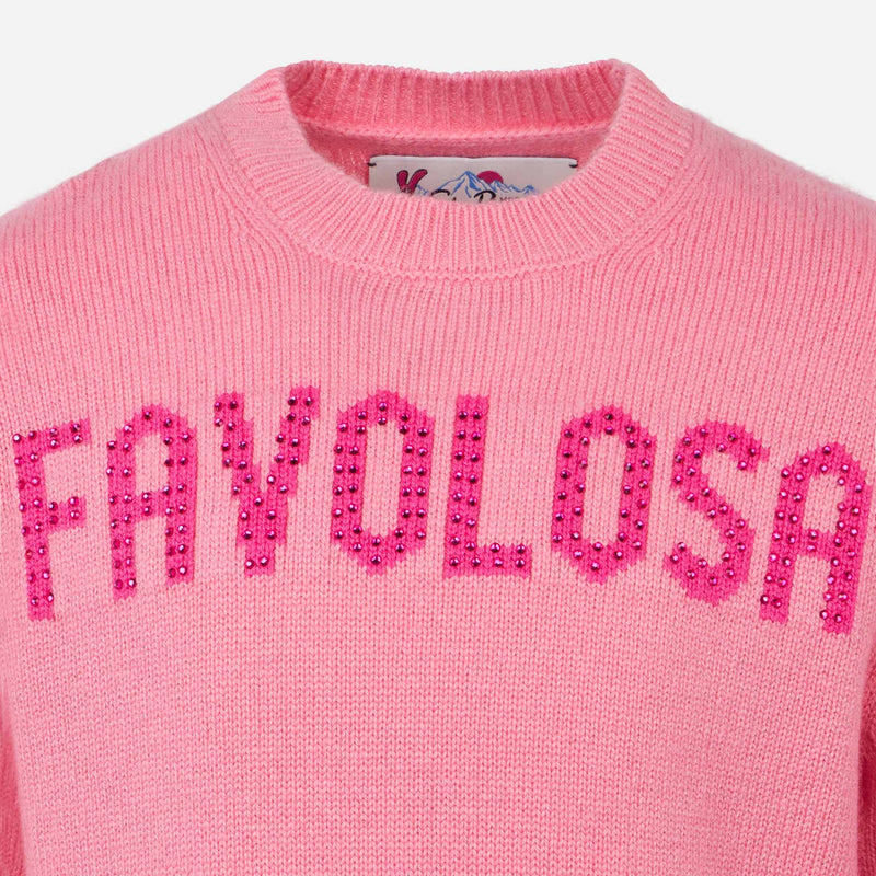 Girl crewneck pink sweater with Favolosa rhinestones print