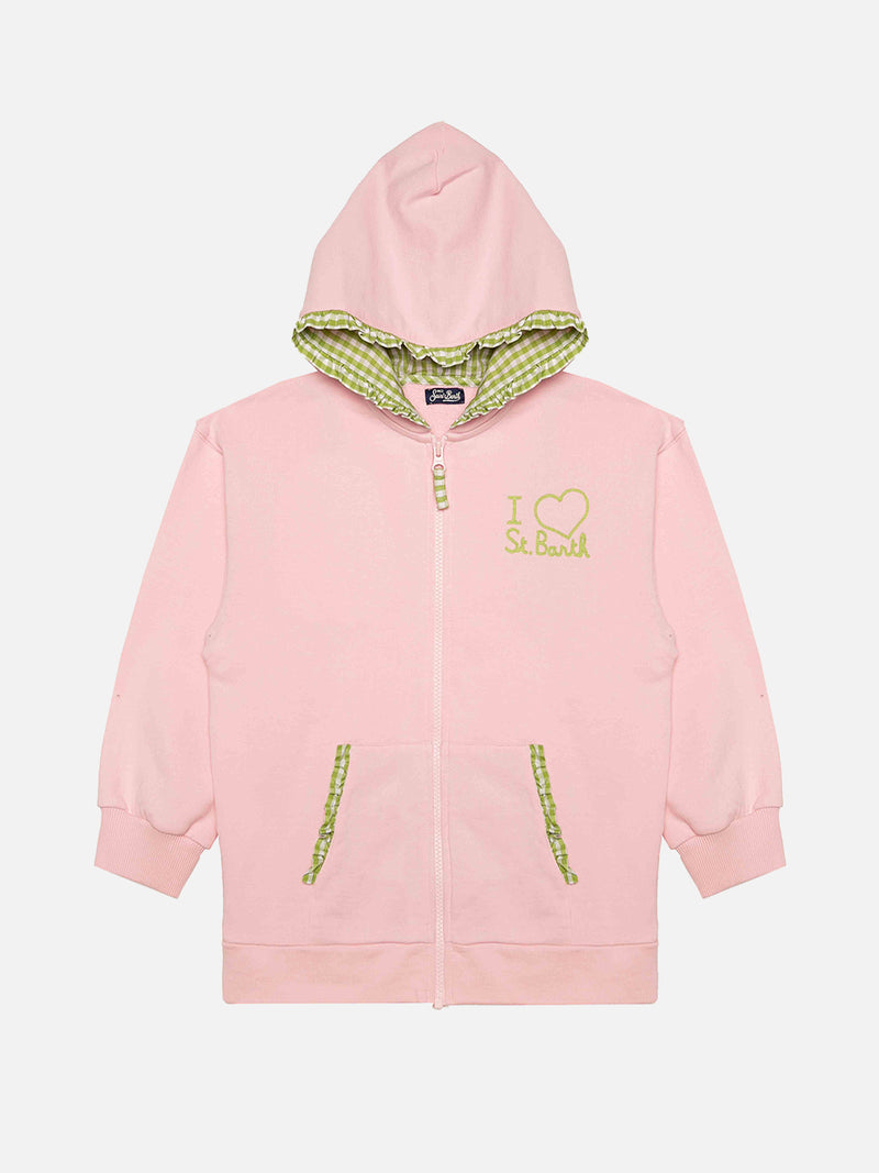 pink embroided writing hoodie for girl