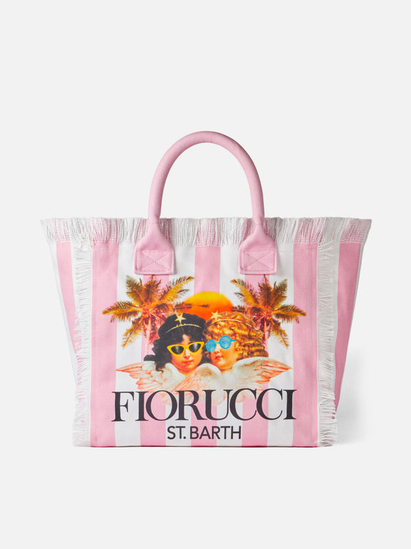 Vanity Canvas-Umhängetasche mit weißen und rosa Streifen und Fiorucci-Engel-Print | FIORUCCI-SONDERAUSGABE