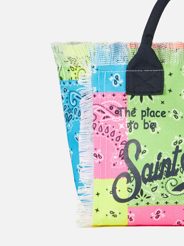 Colette cotton canvas handbag with fluo bandanna print