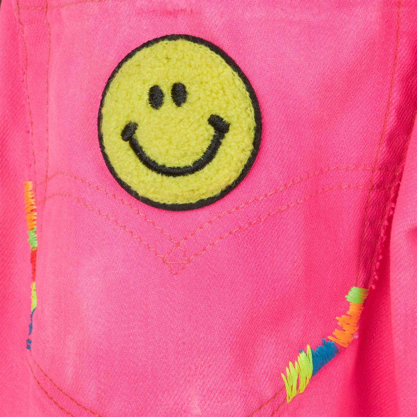 Pantaloncini da bambina in denim riciclato rosa fluo con ricami
