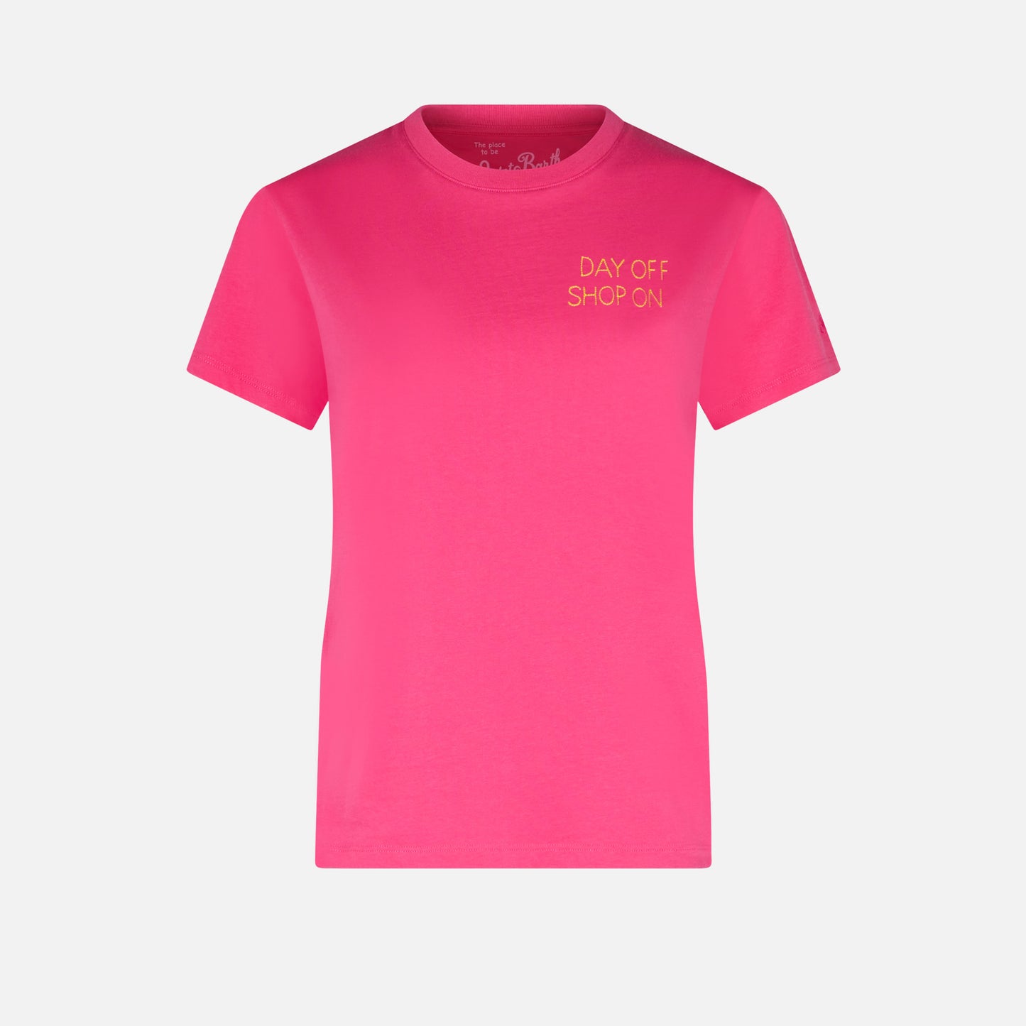 Damen-T-Shirt aus fuchsiafarbener Baumwolle mit Stickerei