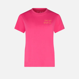 Damen-T-Shirt aus fuchsiafarbener Baumwolle mit Stickerei