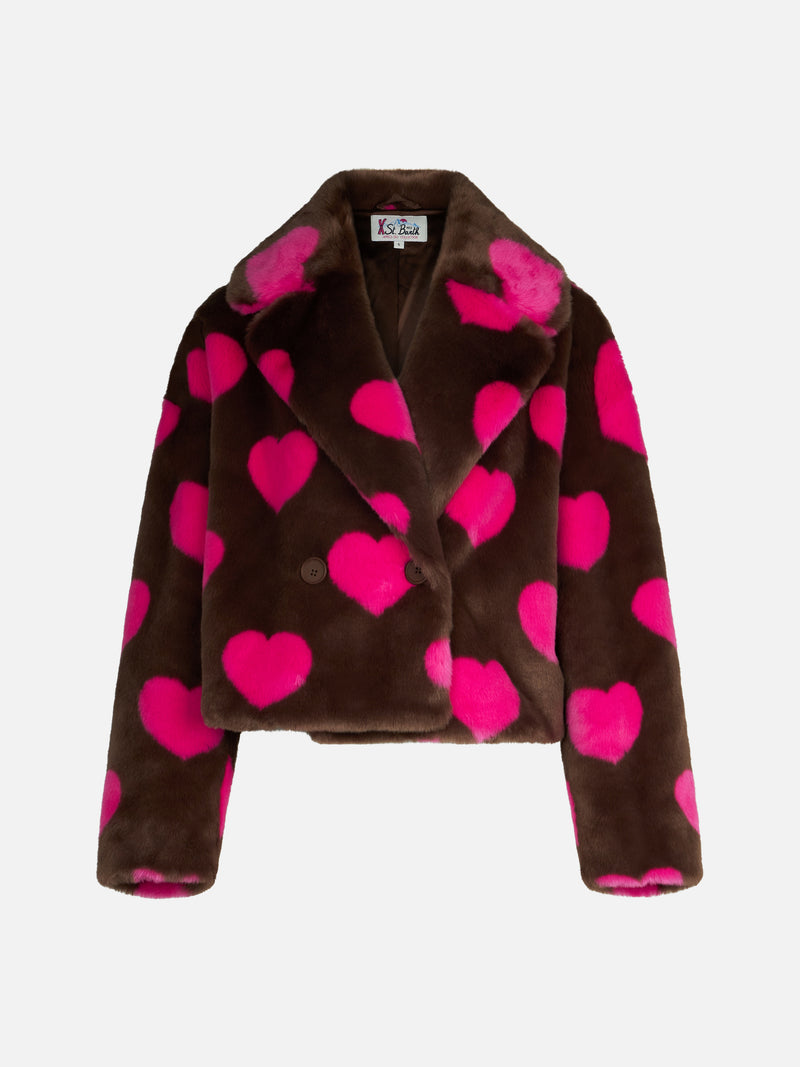 Woman furry short jacket with heart print