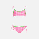 Mädchen-Bralette-Bikini mit Vichy-Muster in Weiß und Fuchsia