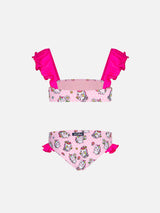 Girl ruffled bandeau bikini with unicorns print