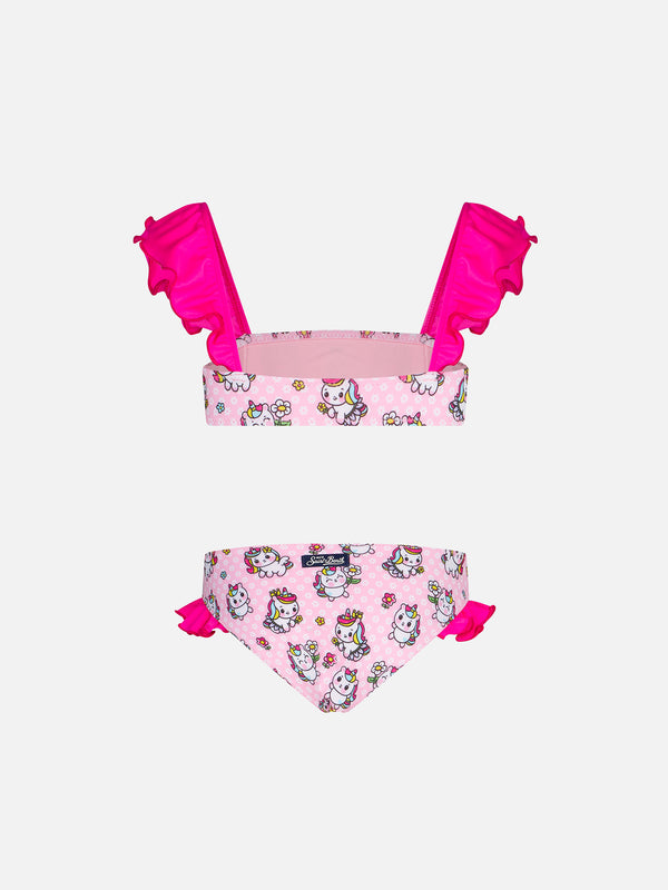 Girl ruffled bandeau bikini with unicorns print