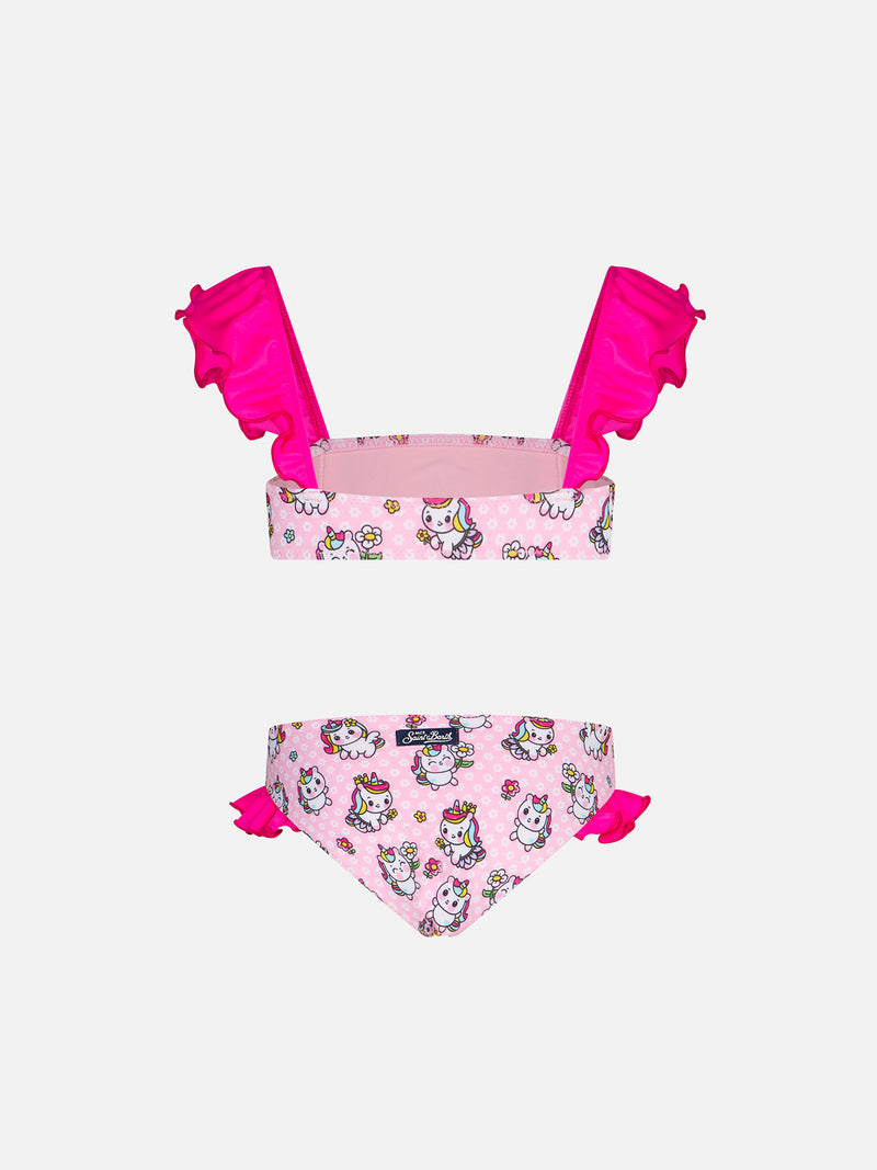 Girl ruffled bandeau bikini with unicorns print