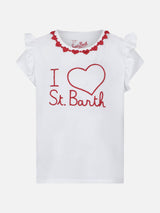 T-shirt da bambina in cotone con balza e ricamo