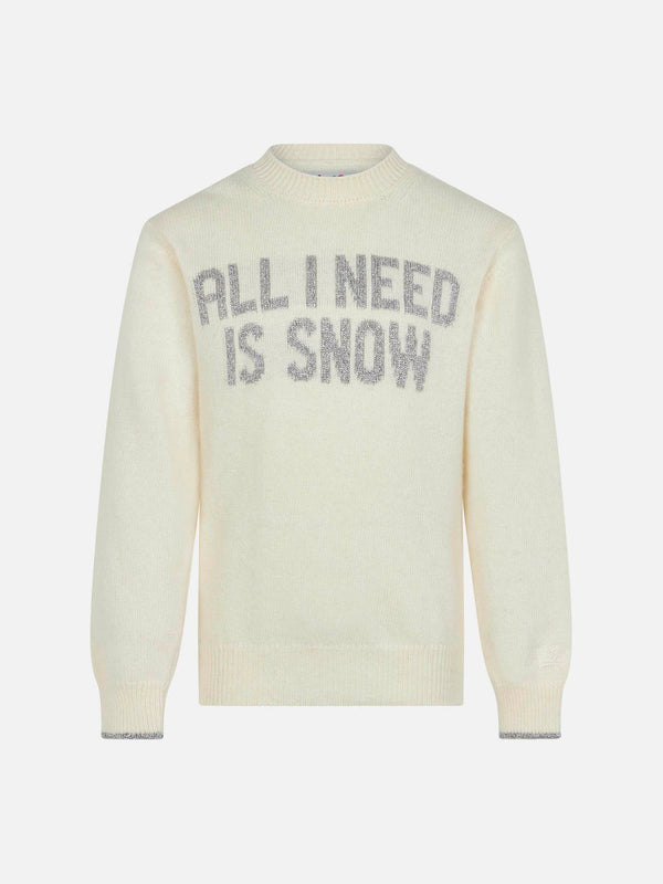 Mädchenpullover mit Rundhalsausschnitt und „All I need is snow“-Schriftzug