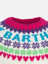 Weißer Mädchenpullover mit Rundhalsausschnitt und Fair-Isle-Herzdruck